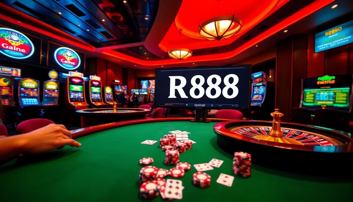 Experience thrilling gameplay at RR88's luxurious casino, featuring roulette and slot machines.