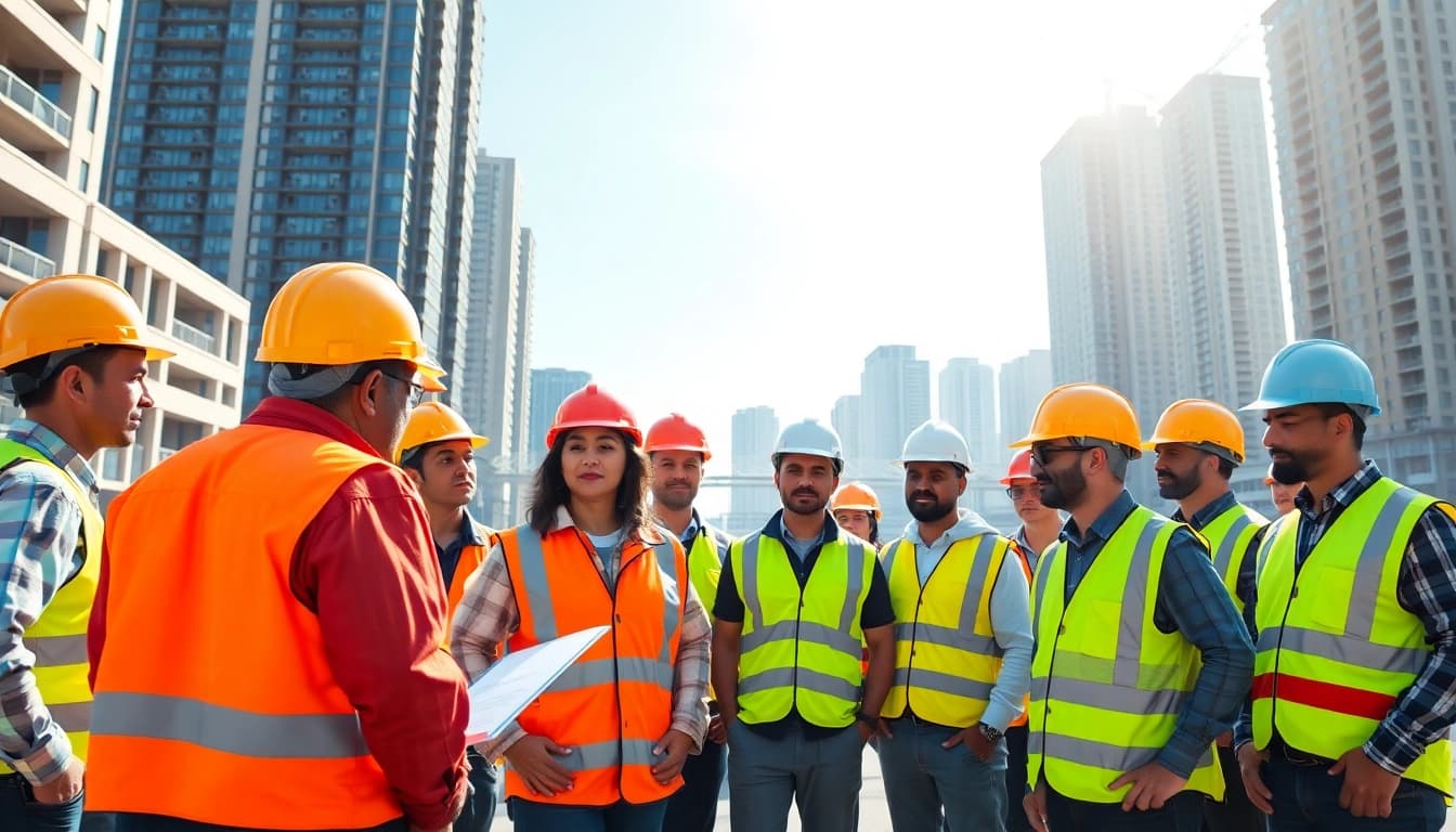 Engaged learners participating in construction safety classes outdoors in an urban environment.