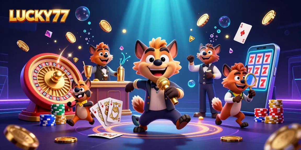 LUCKY77 features a vibrant 3D casino scene with hyena comedy club elements, showcasing excitement and fun.