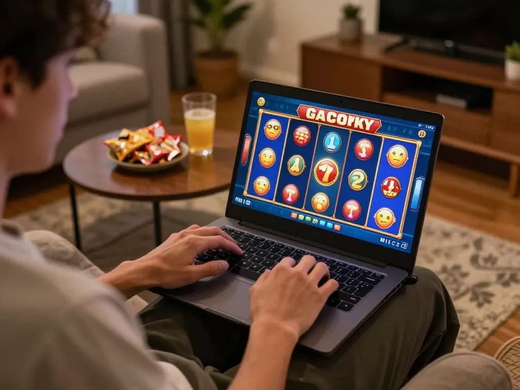 Engaging player enjoying a gacor slot game on a laptop, showcasing excitement in a cozy home setting.