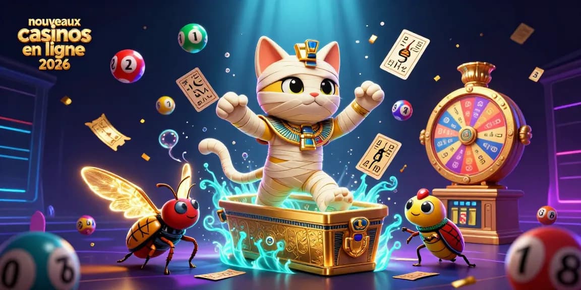 Vibrez avec les nouveaux casinos en ligne 2026 dans cette illustration immersive où un chat momie et un scarabée enchanté s'animent dans un cadre de casino pyramidal.