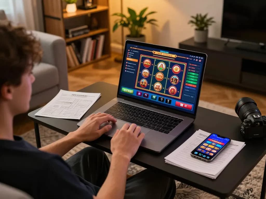 Engaging with เว็บตรง slots on a laptop in a cozy home setting, reflecting responsible gaming.