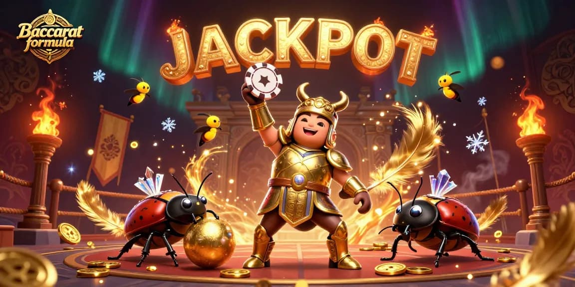 Baccarat formula illustrated by a heroic beetle in armor, celebrating victory at a vibrant casino.
