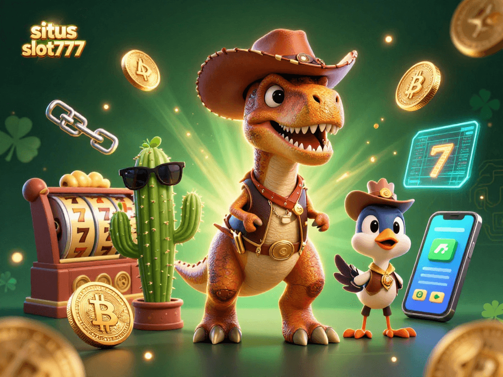 Enhance gaming at situs slot777 with a lucky cowboy dinosaur in a vibrant casino scene.