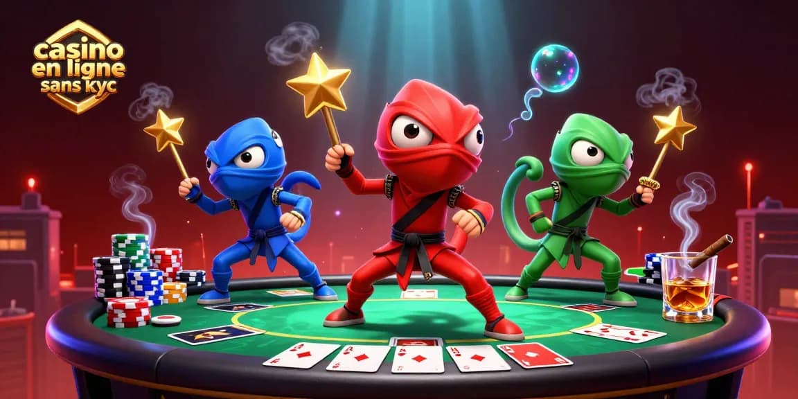 Gagnez avec le casino en ligne sans KYC grâce à cette illustration dynamique de ninjas cartoonesques et jeux de poker.
