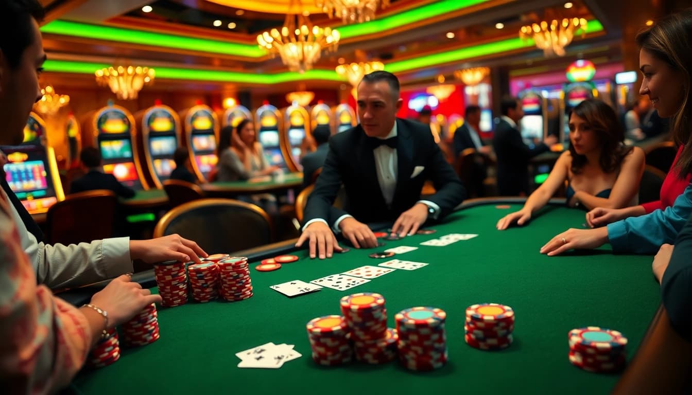 Une scène de casino vibrante présentant la meilleure expérience de jeu en ligne au meilleur casino en ligne France avec des tables de luxe et des joueurs enthousiastes.