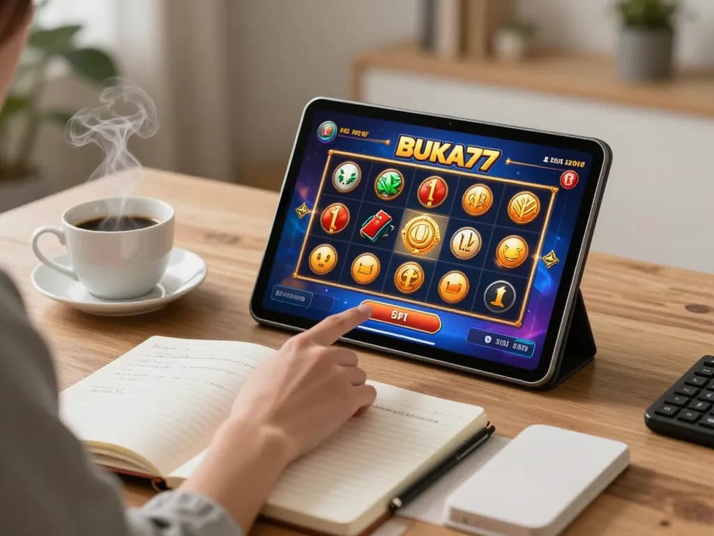Engaging in BUKA77 online slots at a cozy gaming setup with modern decor.