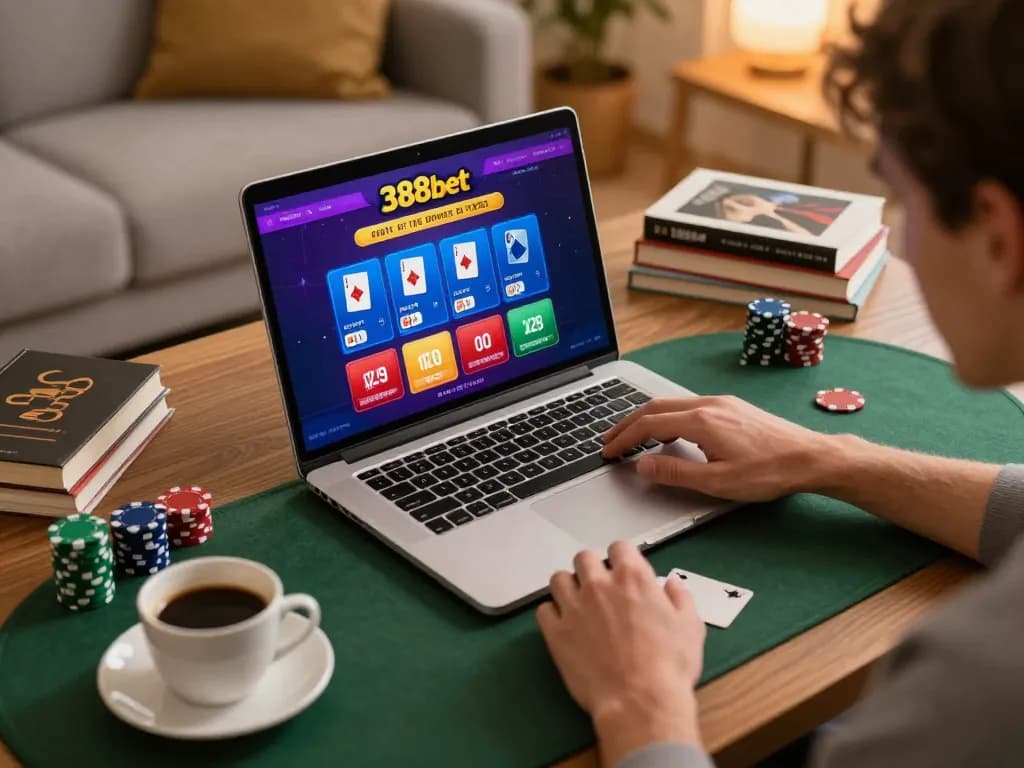 Person calculating poker odds on 388bet app in a cozy home setting