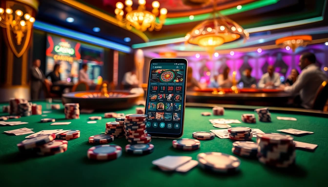 S8 smartphone amidst poker chips and cards in a vibrant casino, representing online gambling.