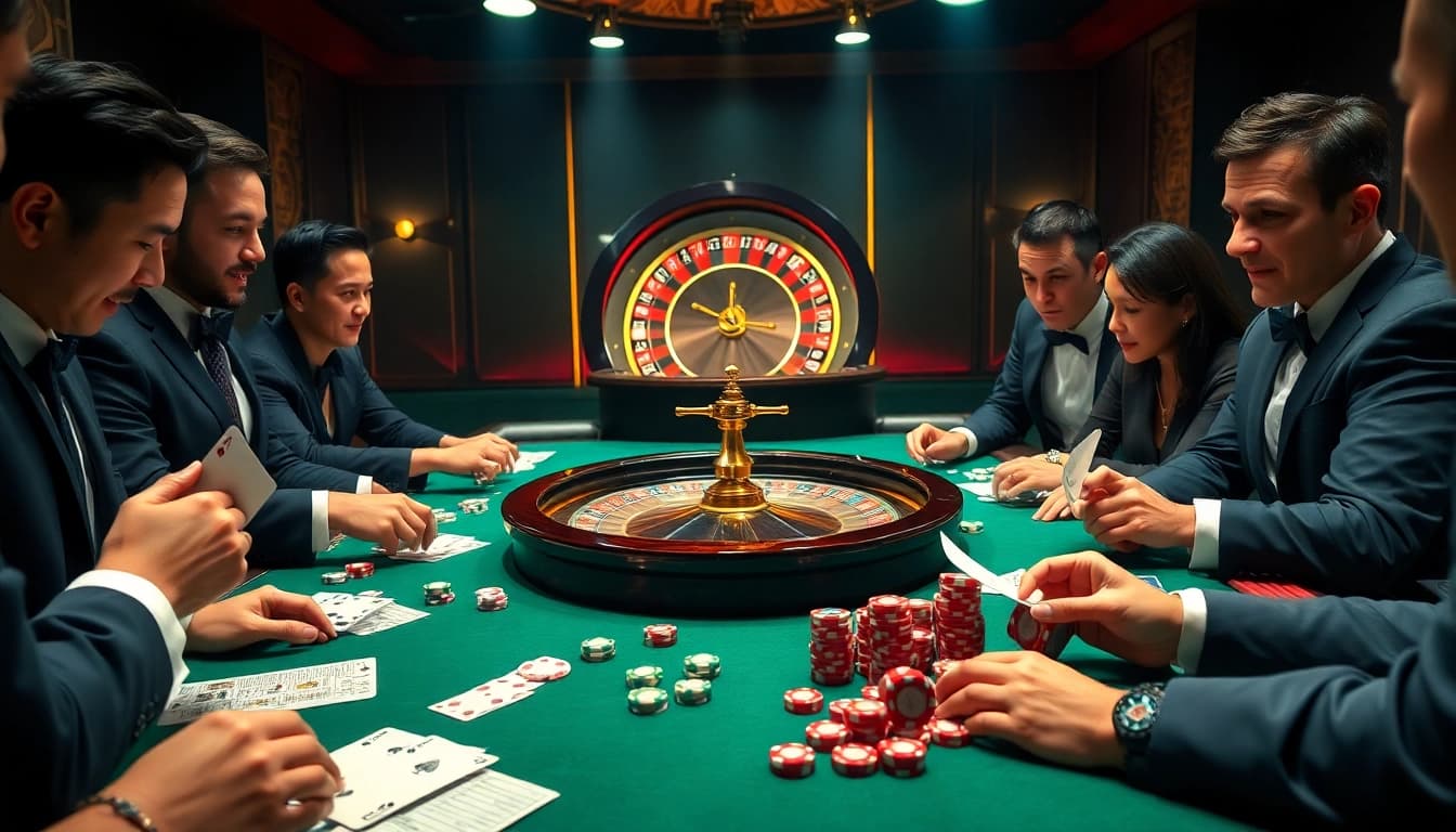 Exciting gamblers engage in bandar mix parlay at a luxurious casino table.