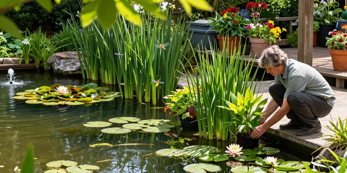 Vibrant British pond plants with a gardener planting aquatic flora by a tranquil pond.