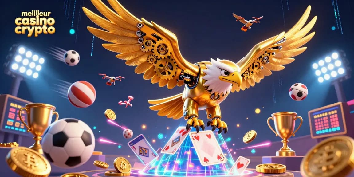 Illustration captivante du meilleur casino crypto, avec un aigle cyborg et des éléments de jeux dynamiques.