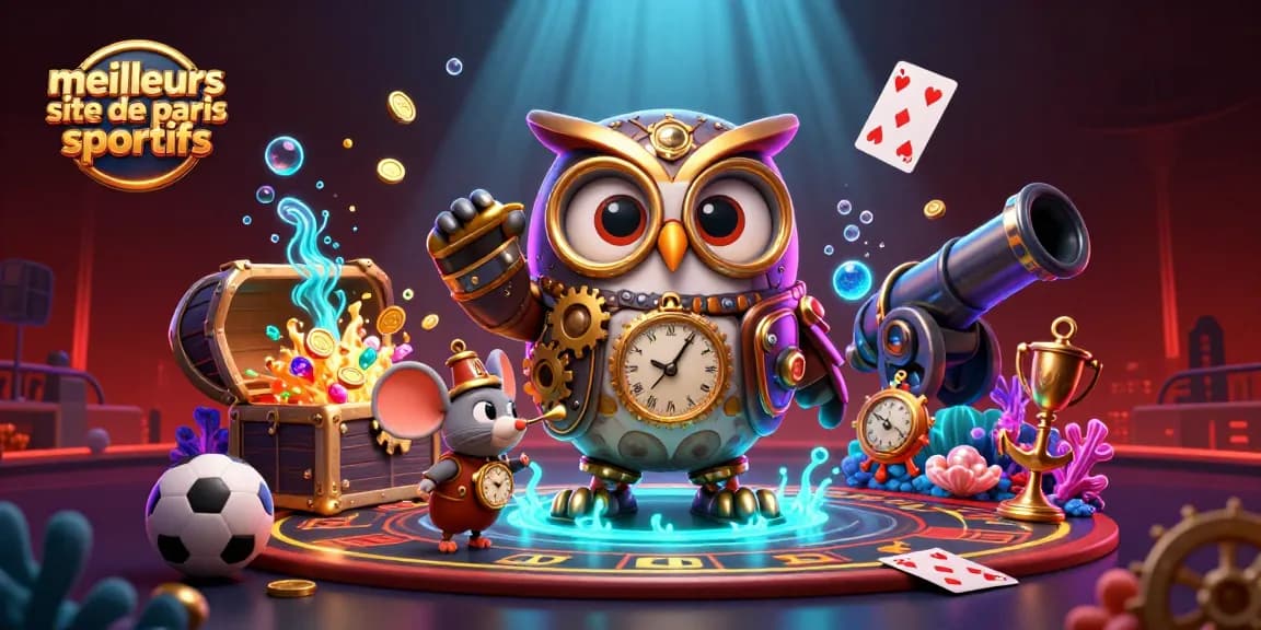Illustration d'une scène dynamique illustrant les meilleurs sites de paris sportifs avec un hibou voyageur et un compagnon en steampunk.