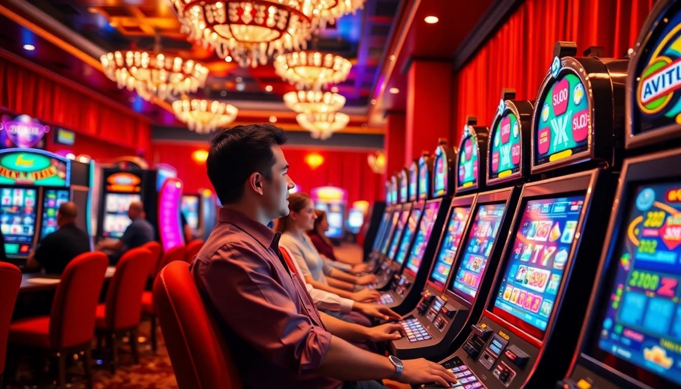 Menang besar di slot online dengan suasana kasino yang meriah dan mesin slot yang bersinar.