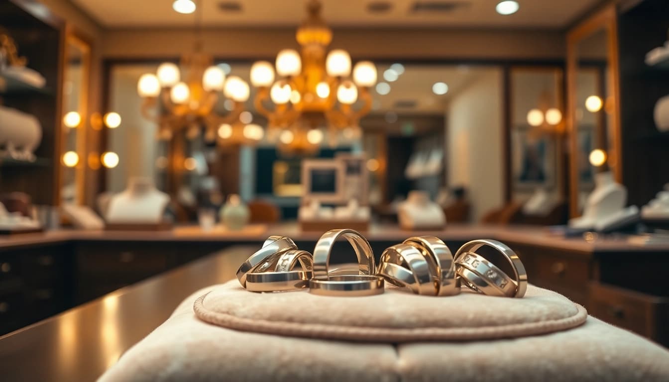 Exquisite tungsten rings displayed on a velvet cushion in a jeweler's studio.
