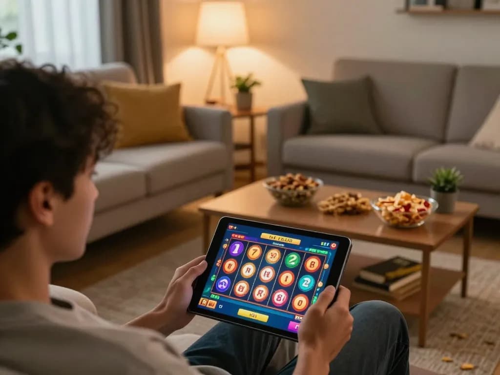 Player engaging in nohu slot game on tablet in cozy living room, promoting responsible gaming.