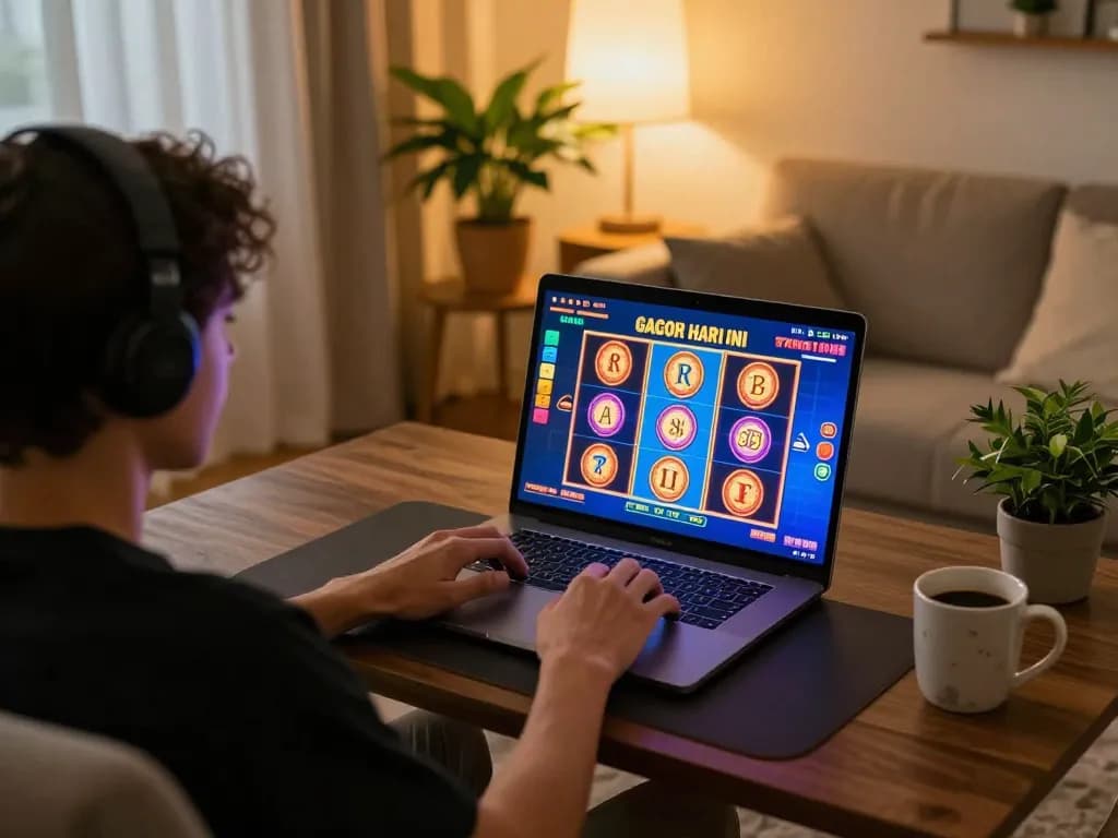 Engaging with slot gacor hari ini on a laptop in a cozy home gaming setup, showcasing excitement and strategy
