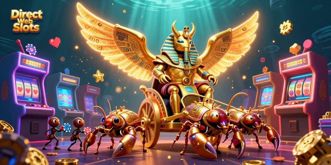 Engage with Direct Web Slots through a vibrant illustration featuring a golden scarab beetle and scorpions amidst dynamic casino elements.