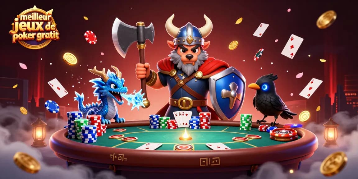 Découvrez les meilleurs jeux de poker gratuits avec un dragon et un guerrier dans une scène dynamique de poker.
