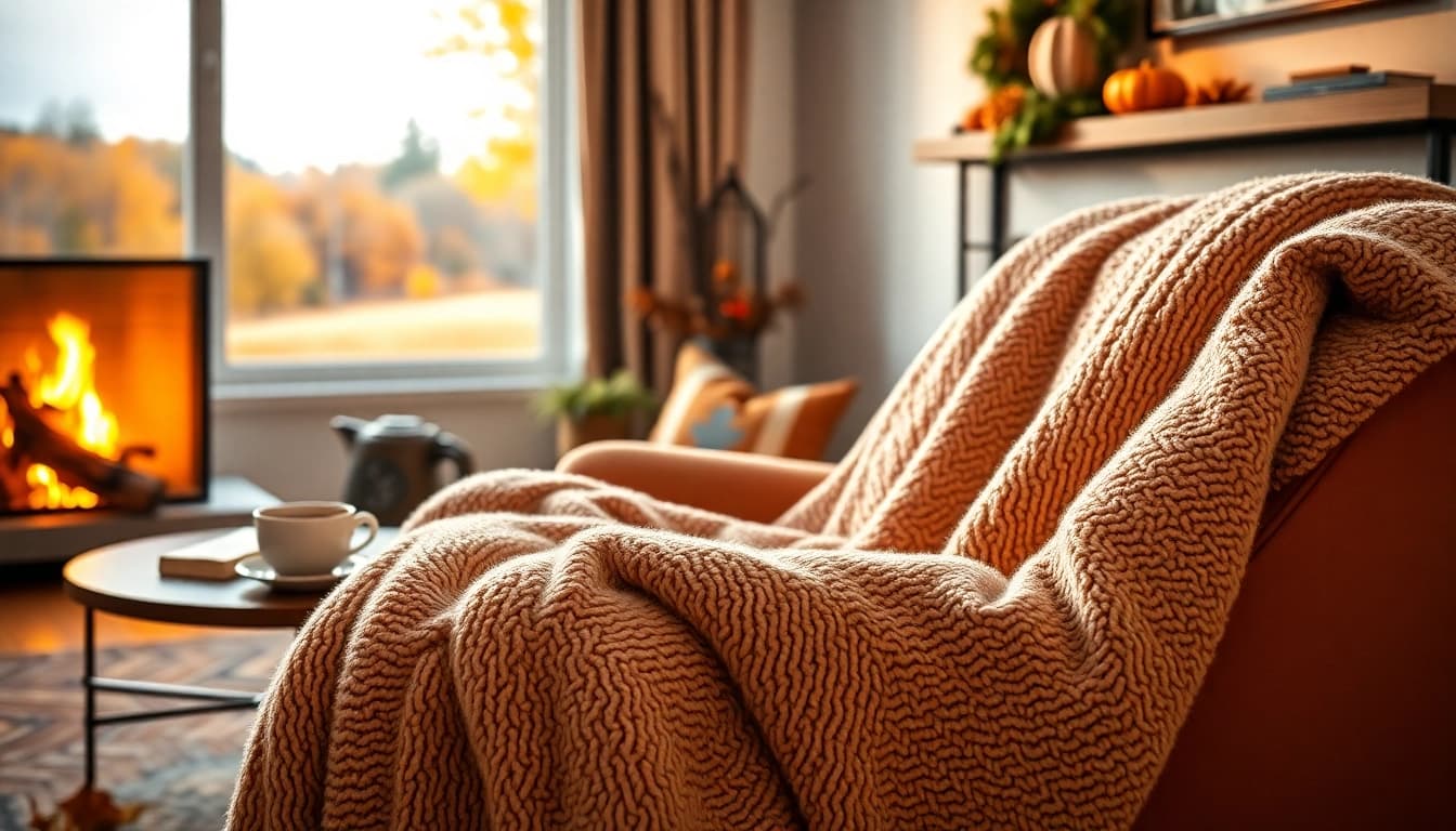 Fleece deken mooi gestyled op een comfortabele stoel in een warme woonkamer.