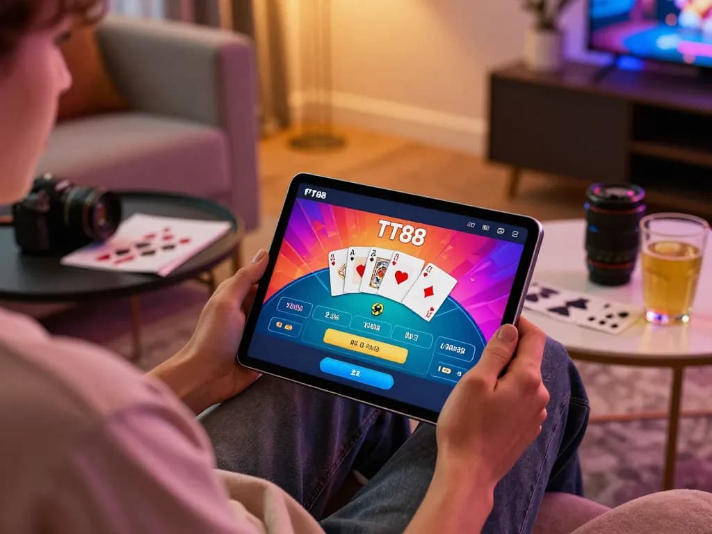 Player enjoying TT88's online poker game on a tablet with strategic notes beside