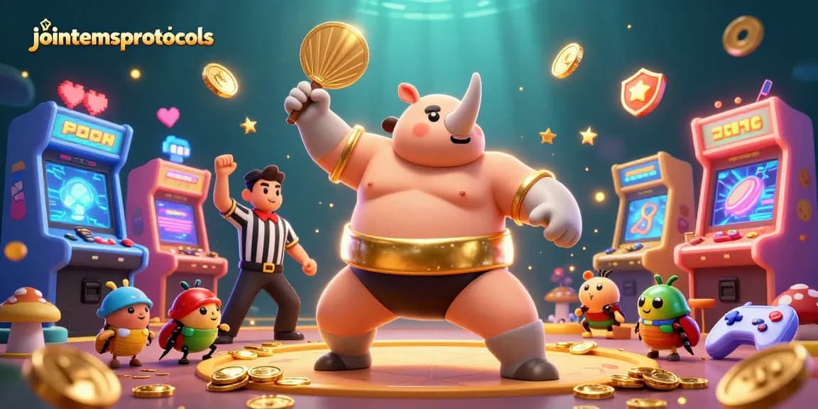 jointemsprotocols menggabungkan pertandingan sumo komodo rhinoceros dengan elemen kasino, menampilkan simbol permainan yang berkilauan.