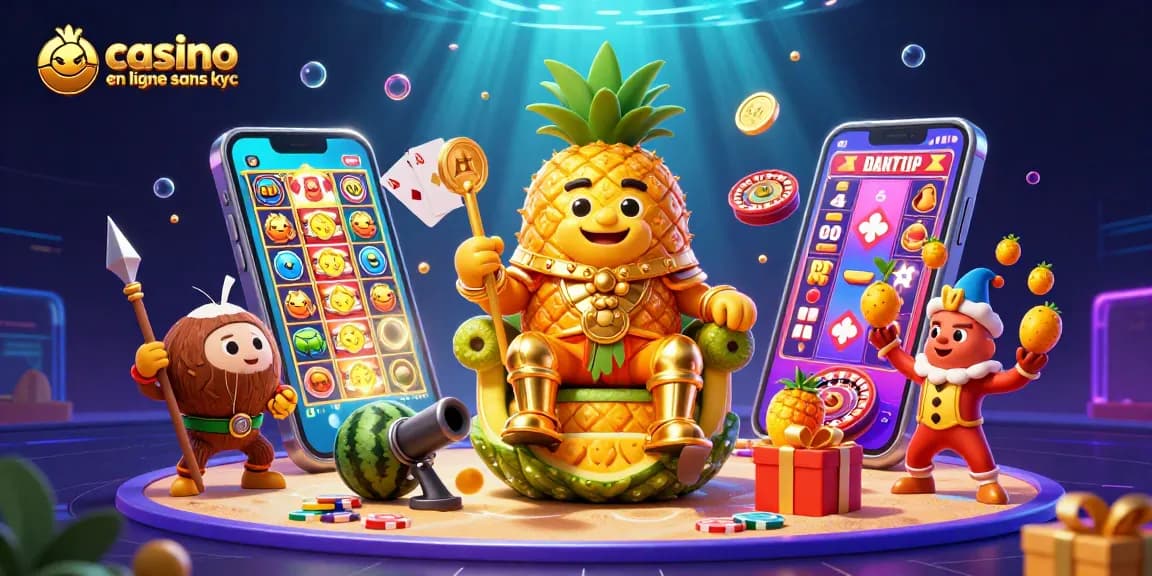 Jouez sur un casino en ligne sans KYC avec des personnages amusants au bord de la plage, entourés de jeux de casino.
