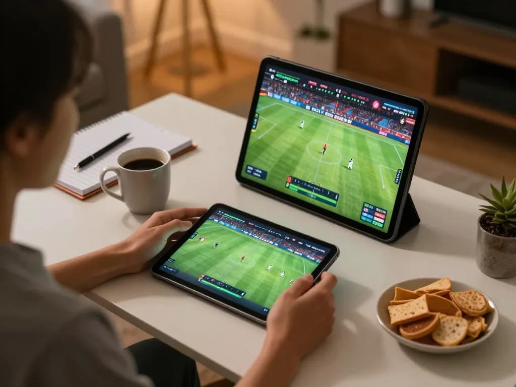 Engaging in Trực Tiếp Bóng Đá on a tablet during an exciting match, cozy home gaming atmosphere.
