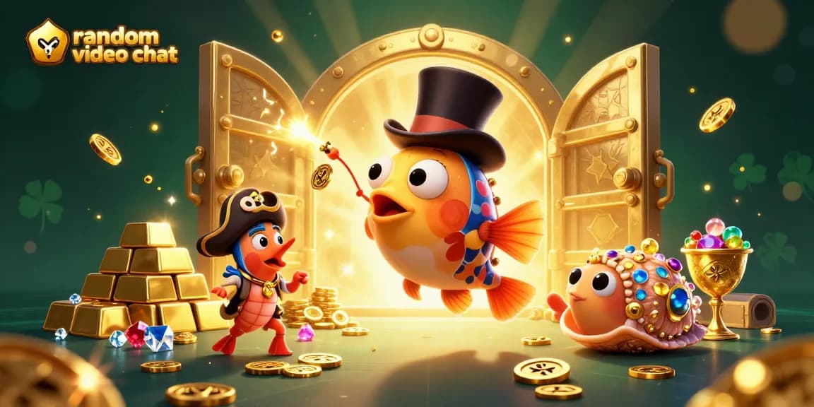 Engage in random video chat with vibrant characters amidst gold treasures, showcasing gems and animated energy.