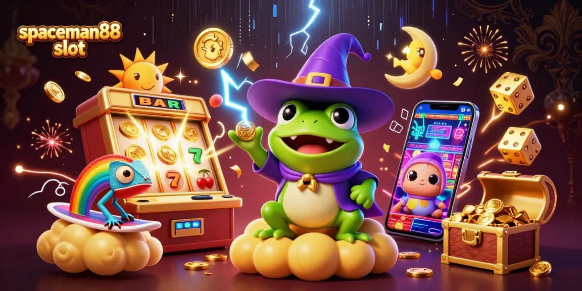 Experience the thrill of spaceman88 slot with a vibrant scene of a wizard frog and chameleon amidst golden coins.