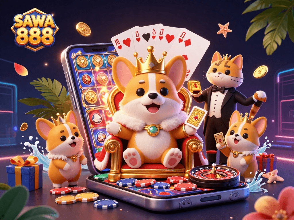 Experience thrilling games with SAWA 888's vibrant 3D casino scene featuring playful characters and dynamic elements.