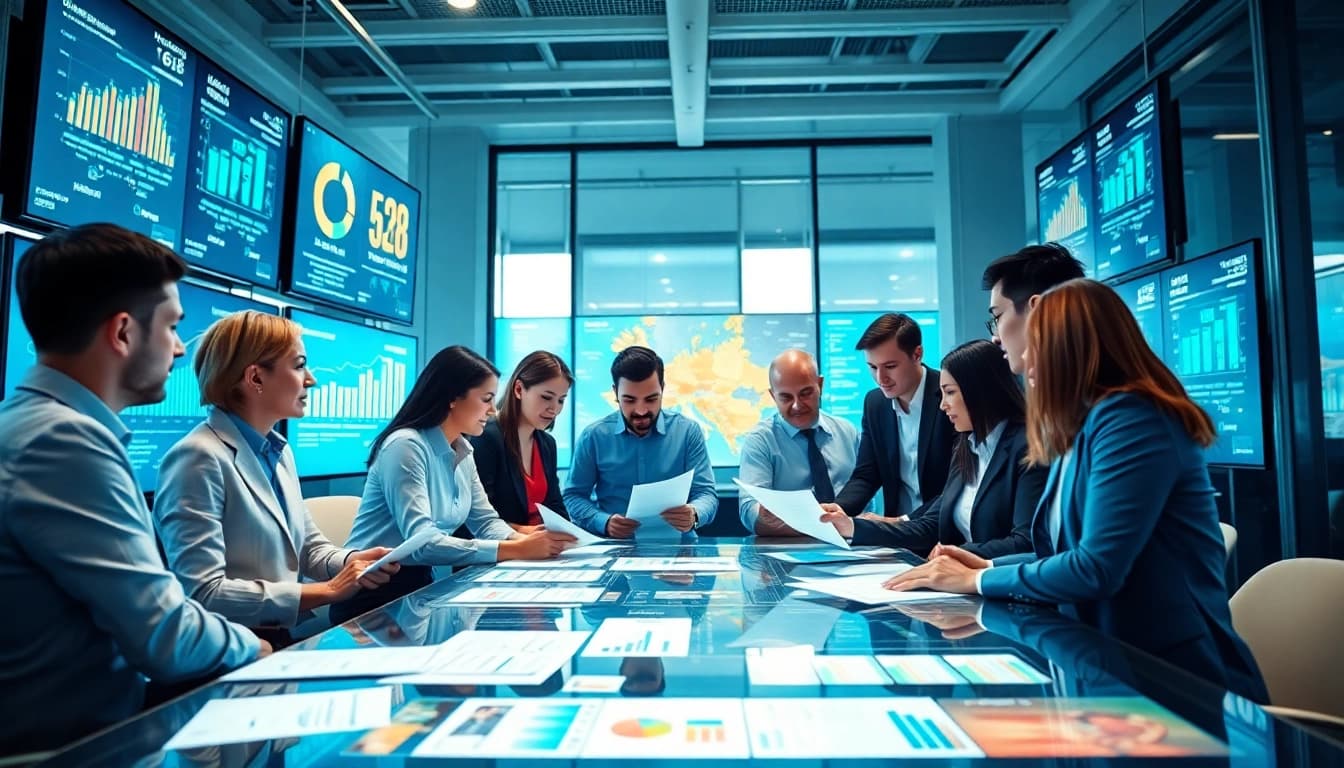 B2B competitive intelligence meeting showcasing diverse professionals analyzing data metrics.