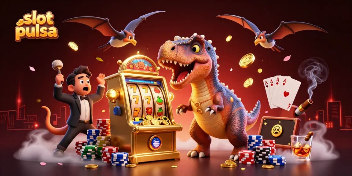 Slot pulsa memungkinkan dinosaur 3D meraih jackpot dari mesin slot emas, pemandangan menarik.