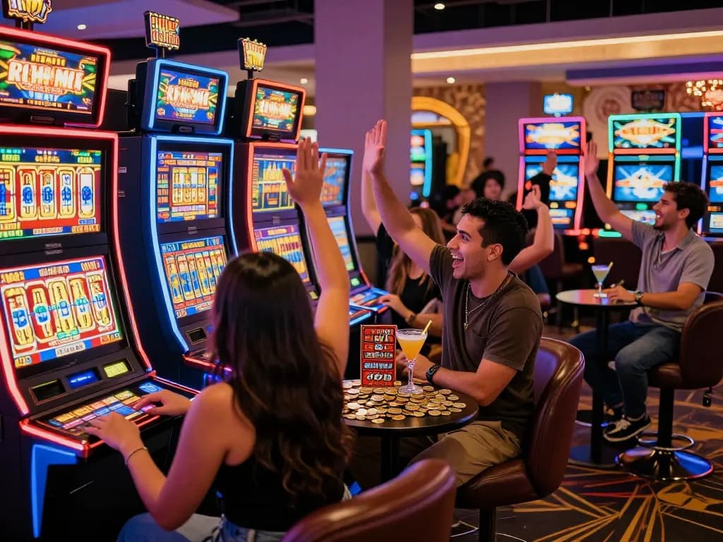 Pemain yang bersemangat di kasino situs slot gacor merayakan kemenangan besar di tengah cahaya berwarna-warni dan suasana yang hidup.