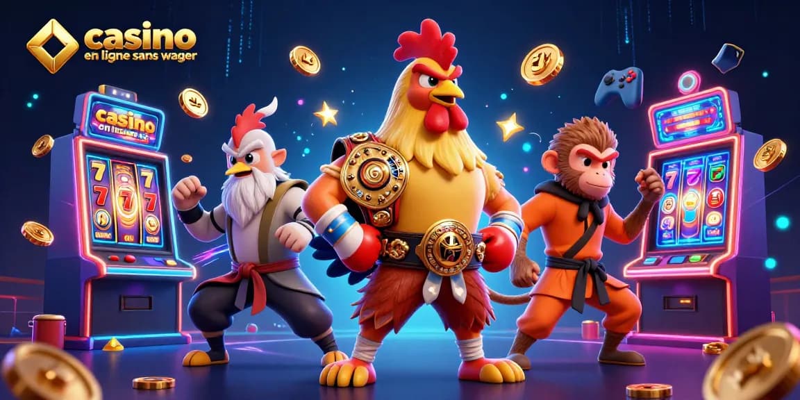 Découvrez une scène dynamique de casino en ligne sans wager, avec un coq Muay Thai et des machines à sous animées.