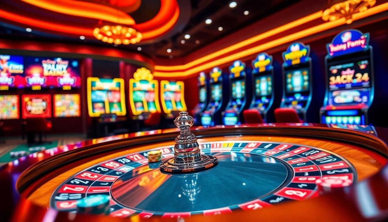 Vivez l'excitation du casino en ligne argent réel avec une scène de casino en ligne luxueuse mettant en vedette la roulette et le poker.
