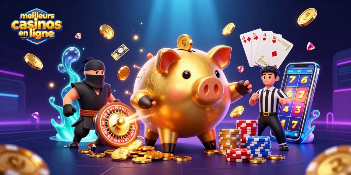 Illustration dynamique des meilleurs casinos en ligne avec retrait immédiat, avec un sumo en tirelire dorée.