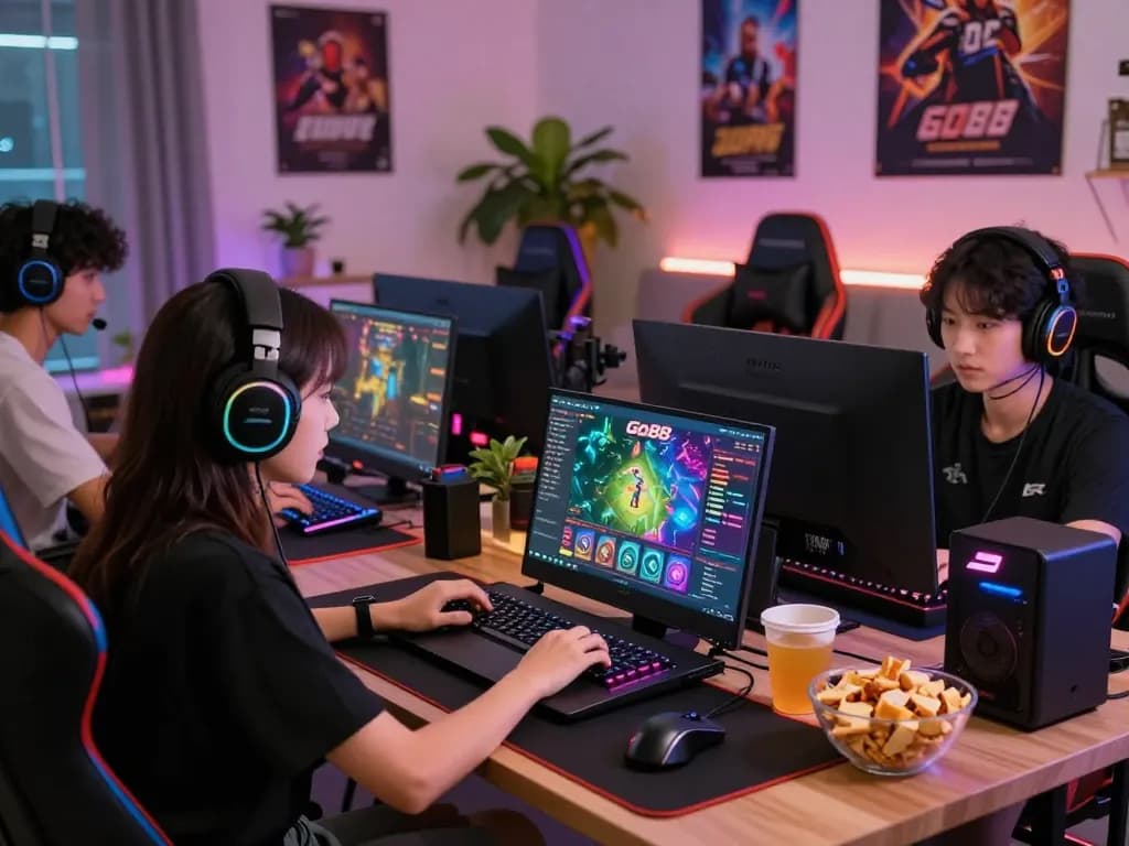 Engaged gamer downloading the tải go88 app on her laptop with vibrant gaming setup.
