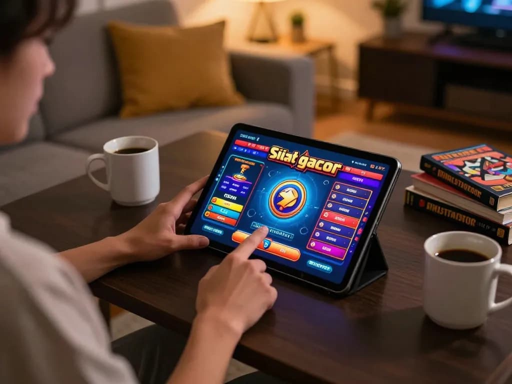 Sleek tablet interface showing situs slot gacor gameplay, person engaged at home desk with cozy ambiance