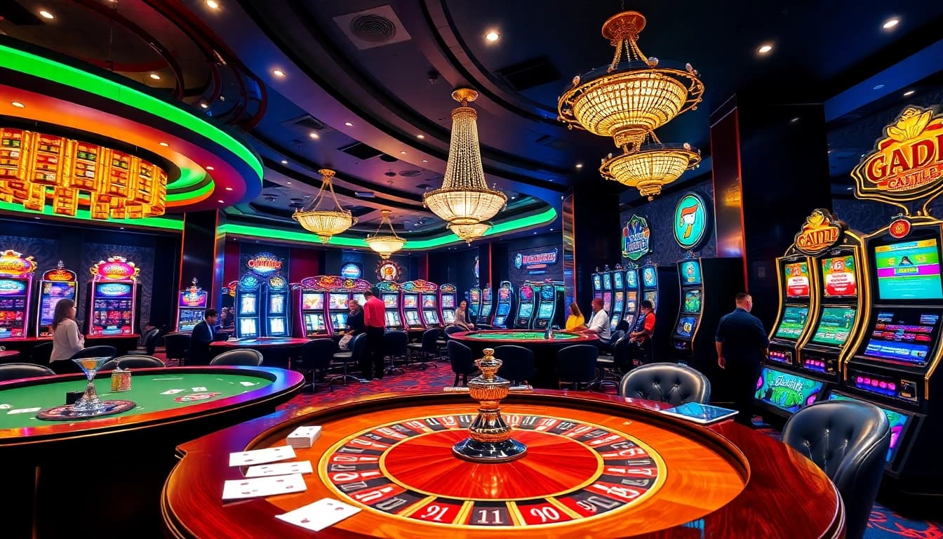 Experience the thrill of gambling at https://fly88.deal/ with a luxurious casino interior featuring vibrant tables and slot machines.