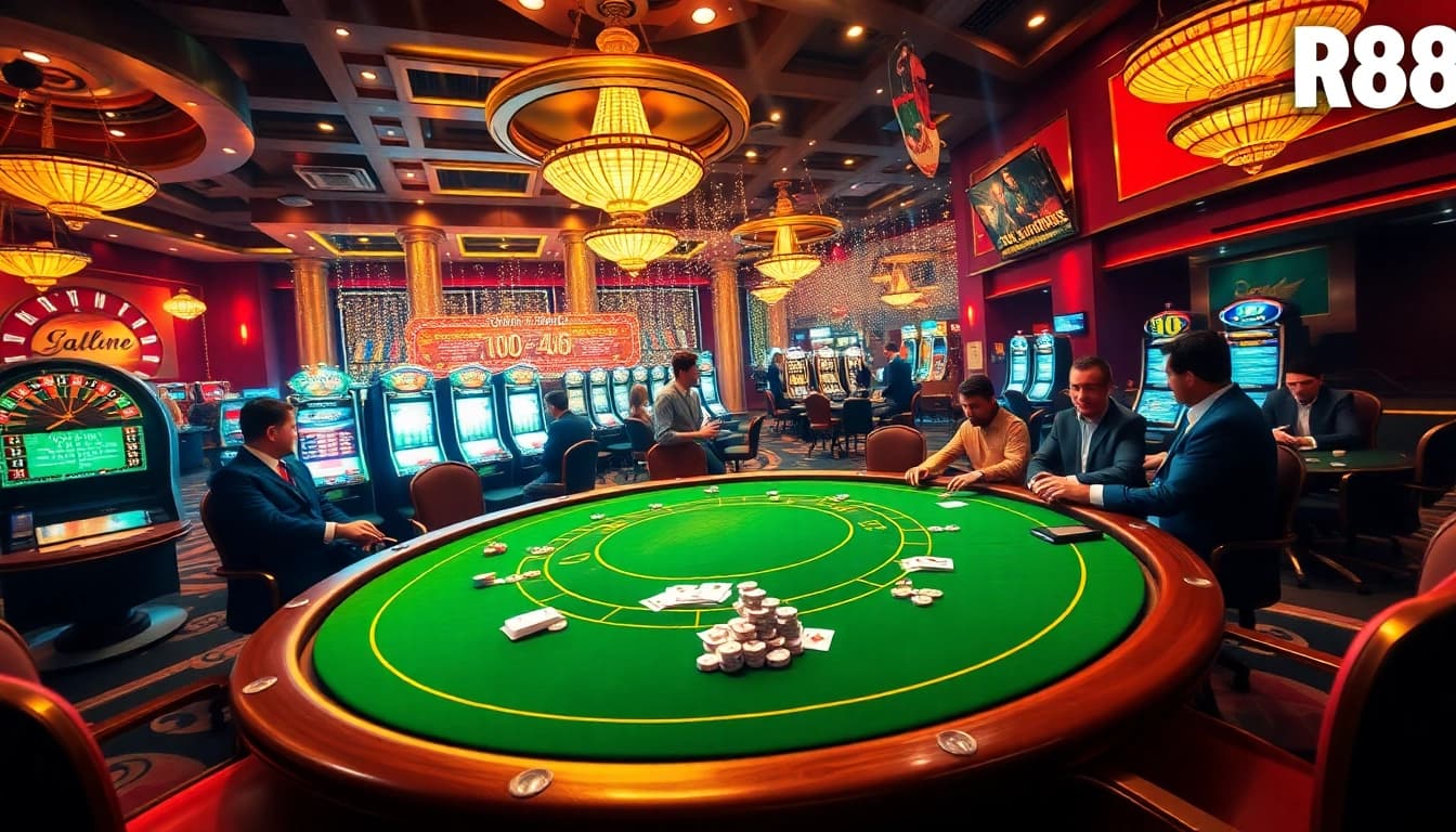 Experience the thrill of gambling at link rr88 with an elegant poker game scene featuring luxury casino elements.