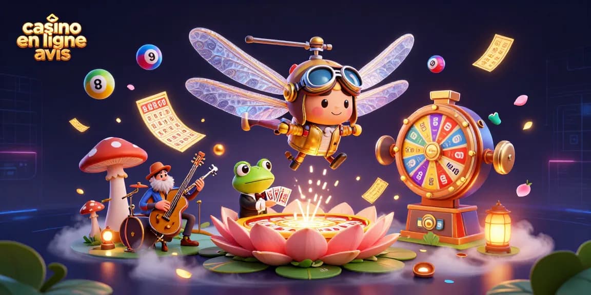 Illustration dynamique de casino en ligne avis, où un pilote libellule et un croupier grenouille animent un jeu de cartes.