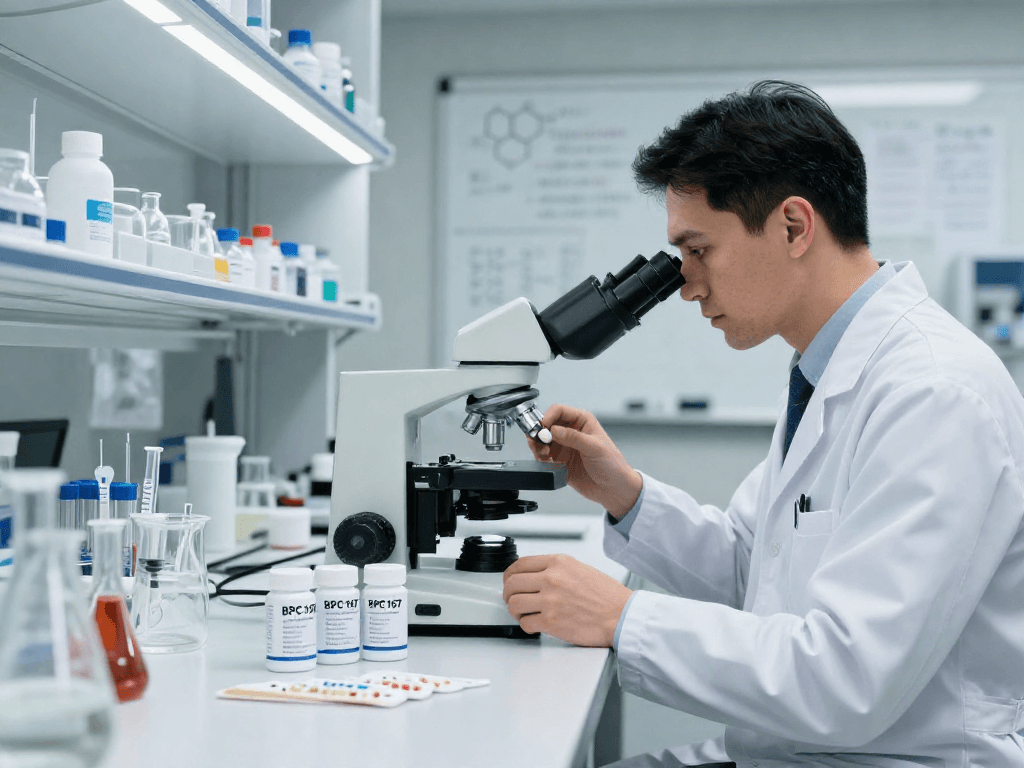 BPC 157 TB 500 Blend analysis in a modern lab setting, showcasing precision compound delivery advancements.