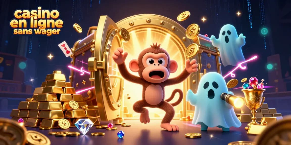 Illustration dynamique d'un casino avec un esprit poltergeist invisible et un chiot chasseur de fantômes, le tout évoquant un casino en ligne sans wager.