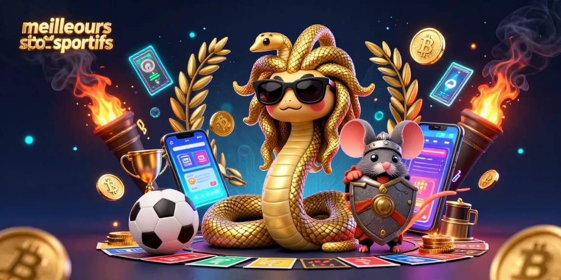 Image dynamique représentant les meilleurs sites de paris sportifs avec Medusa et un guerrier souris.