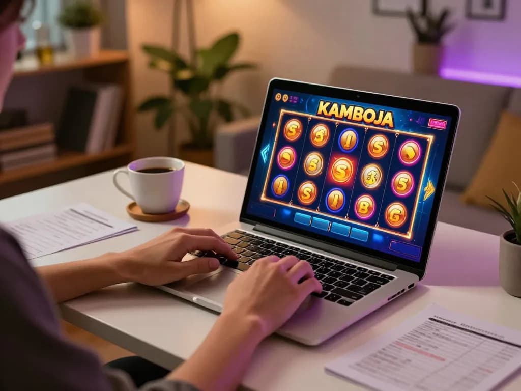 Kamboja slot gameplay on a laptop at a cozy home setup, showcasing vibrant graphics and strategic notes.