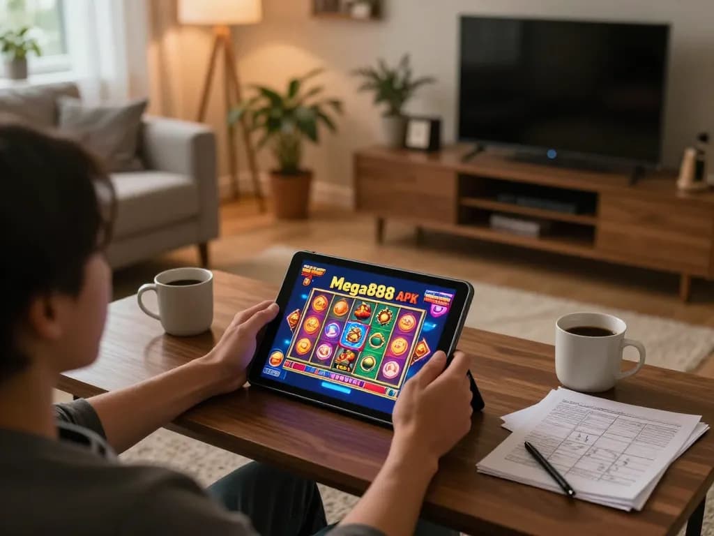 Enjoying Mega888 APK on a tablet in a cozy home setup, showcasing an engaging mobile gaming experience