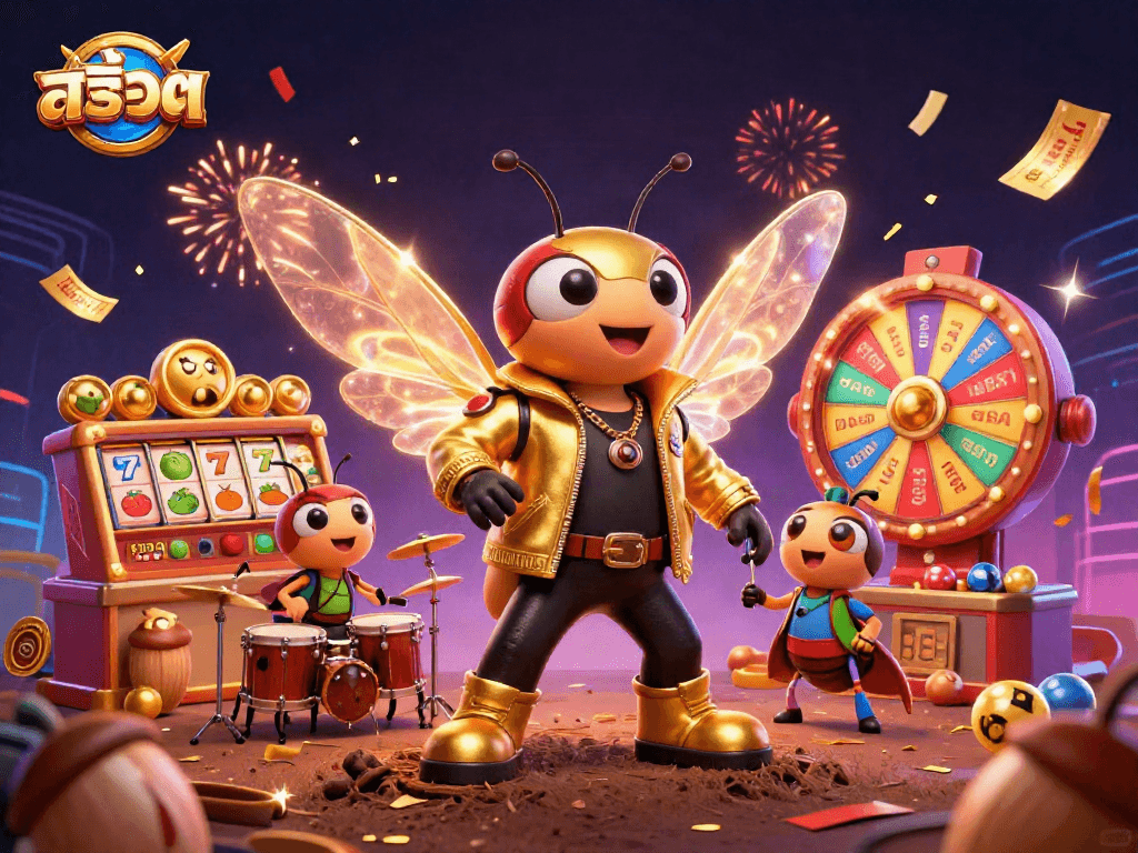 Experience thrilling สล็อต action with a vibrant 3D illustration of a rock star and casino elements.