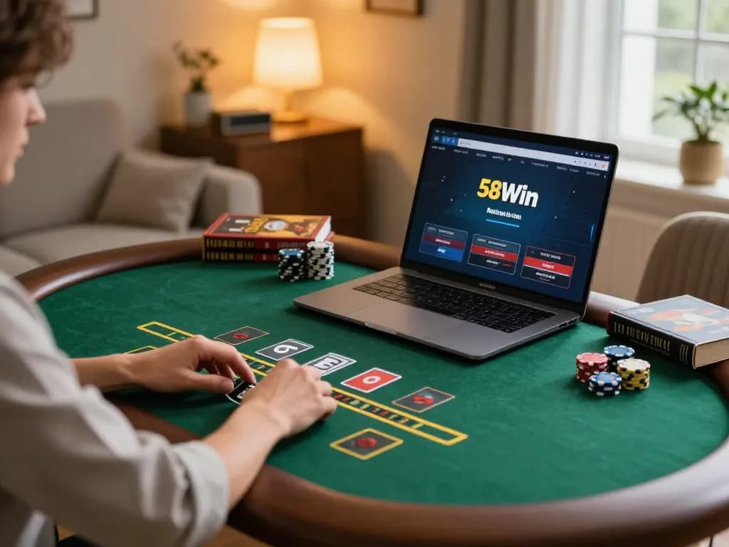 Engaging in live dealer blackjack on the laptop screen while playing at 58win, showcasing a stylish gaming setup.