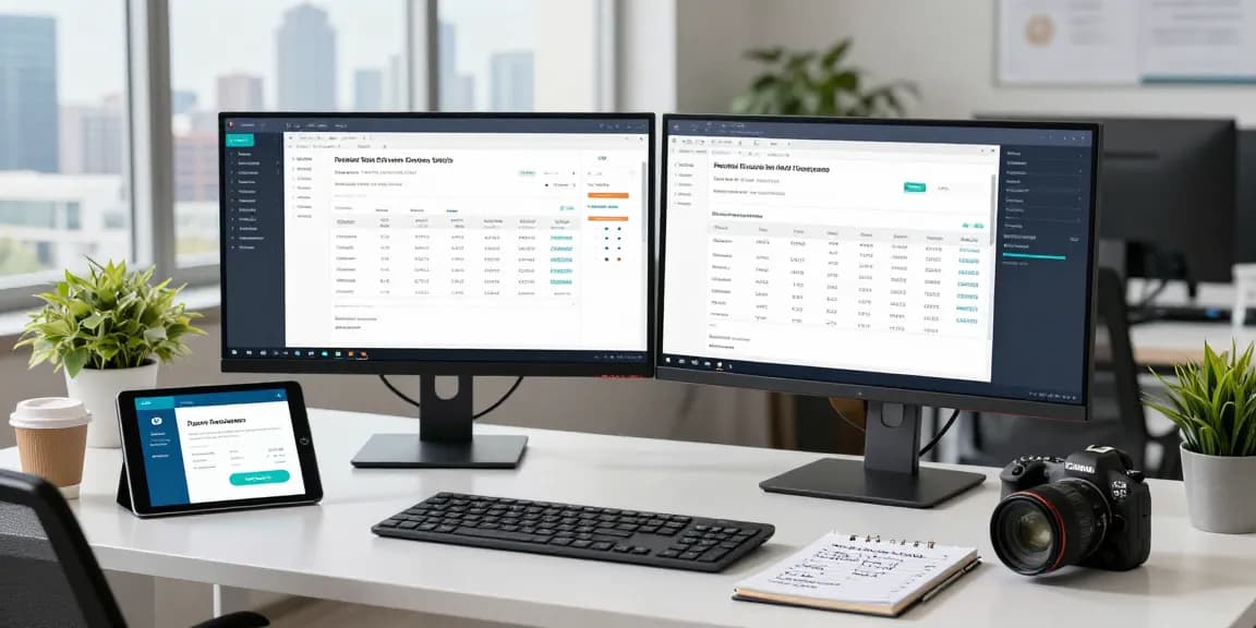Tech analyst using software to detect fraud invoice in a modern workspace.